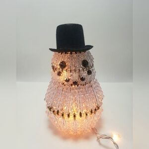 Vintage Lighted Safety Pin Snowman Beaded w Lights & Top Hat Electric Handmade.